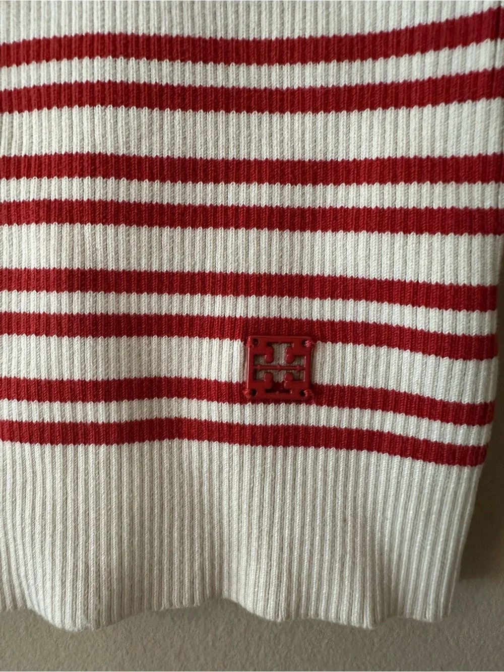Tory Burch Red and Cream Striped Cotton Boatneck Knit Sweater, Sz XS